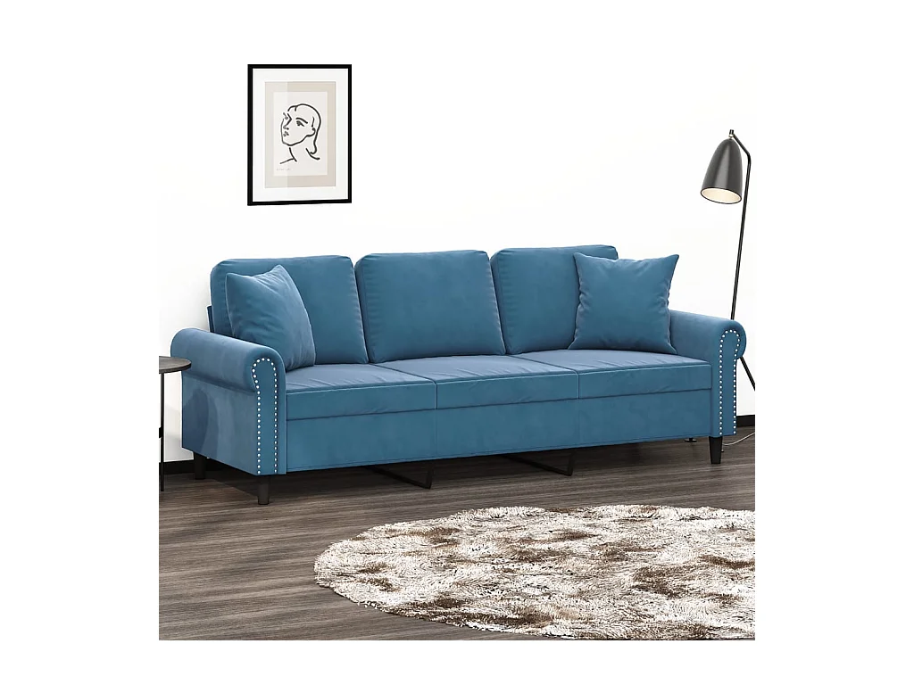 Canapé 3 places avec oreillers décoratifs bleu 180 cm velours