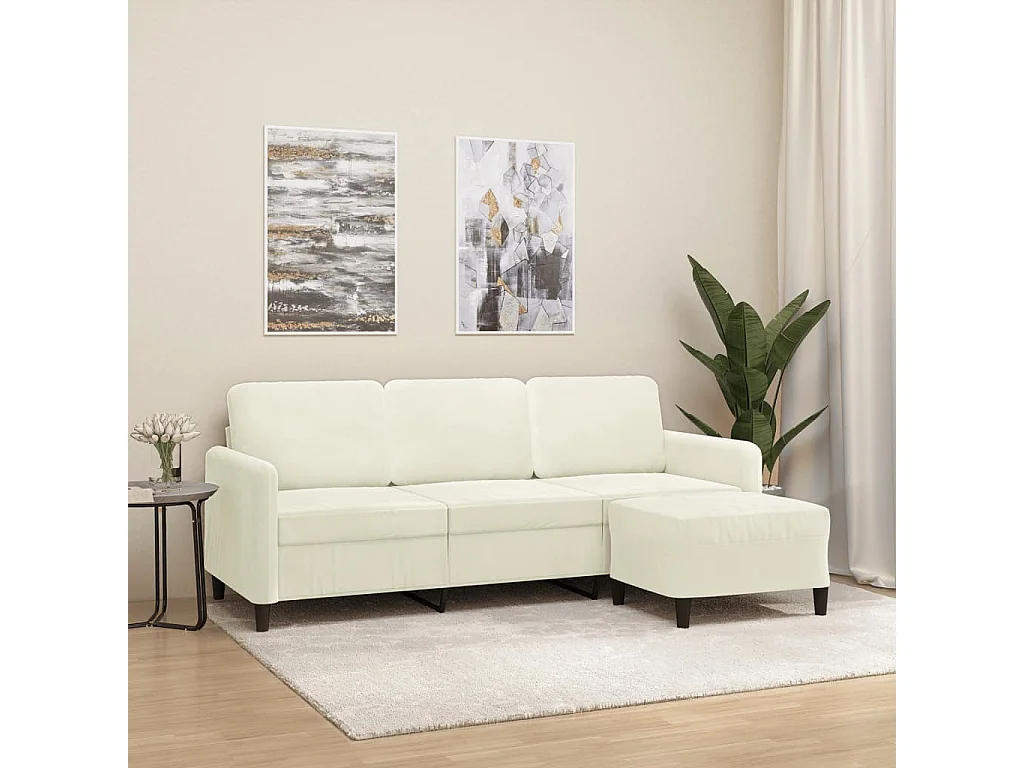 Driezitsbank met voetenbank 180 cm fluweel crèmekleurig