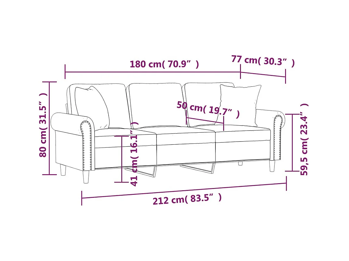 Canapé 3 places avec oreillers décoratifs crème 180 cm velours