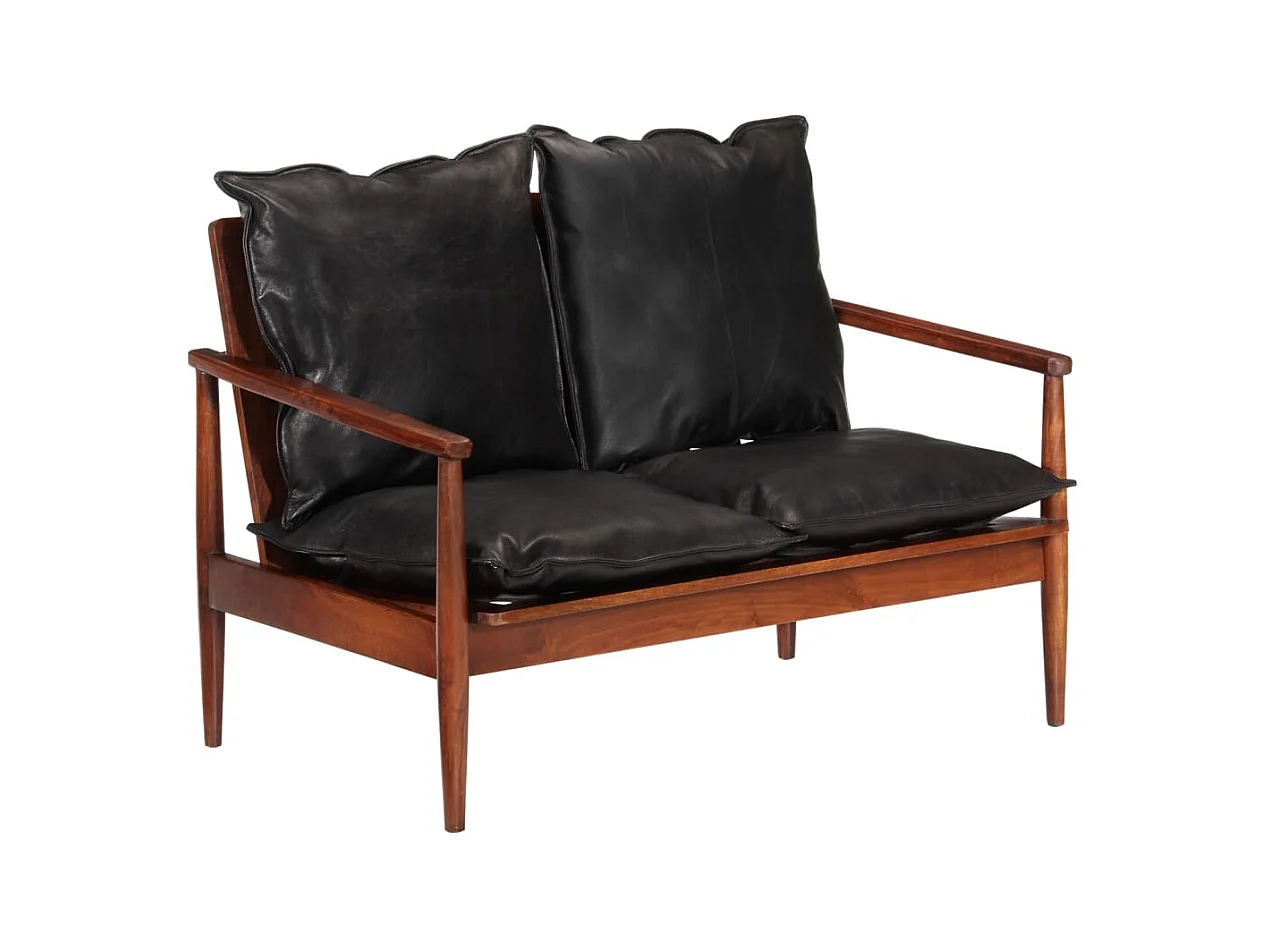 Canapé 2 places noir cuir véritable et bois d'acacia solide