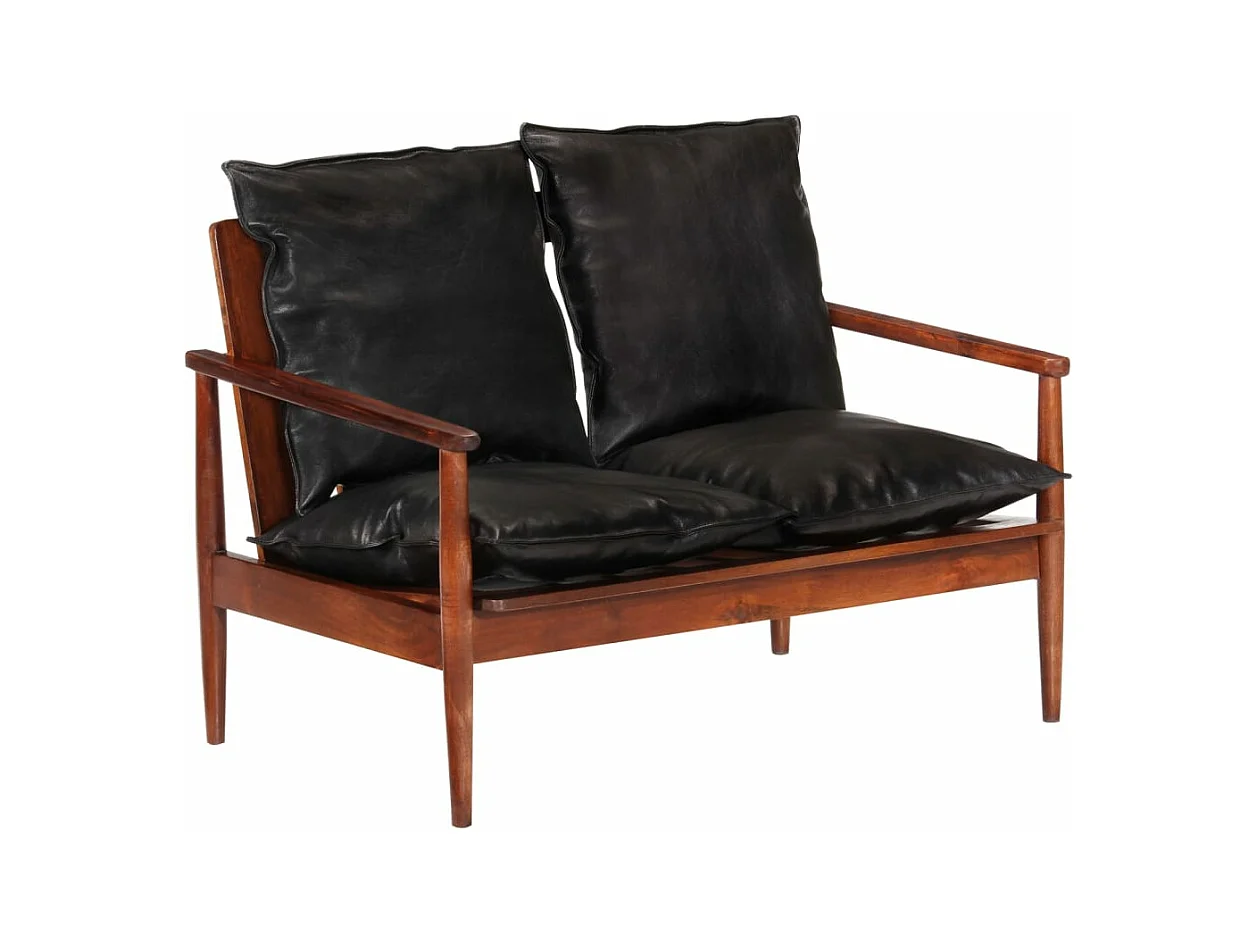 Canapé 2 places noir cuir véritable et bois d'acacia solide