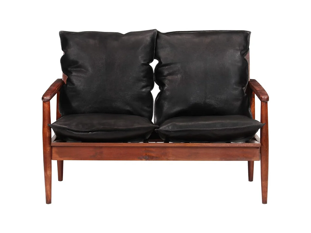 Canapé 2 places noir cuir véritable et bois d'acacia solide