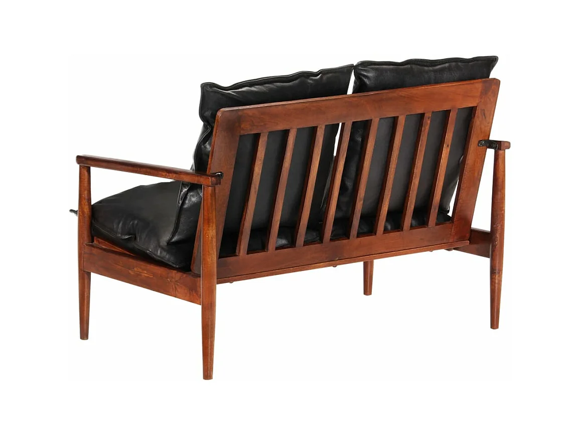 Canapé 2 places noir cuir véritable et bois d'acacia solide