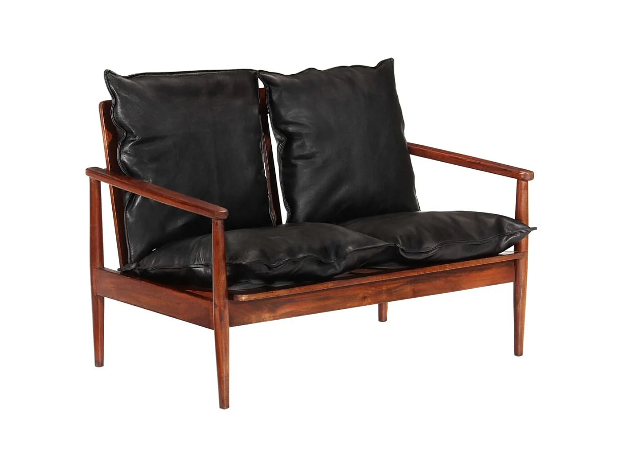 Canapé 2 places noir cuir véritable et bois d'acacia solide