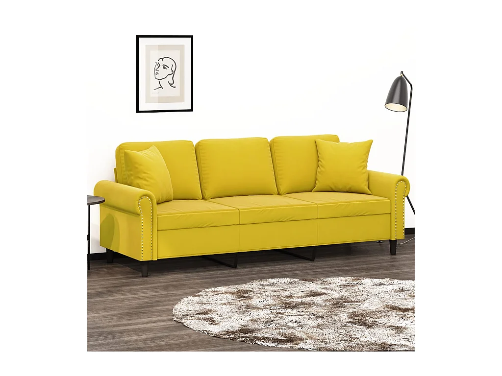 Canapé 3 places avec oreillers décoratifs jaune 180 cm velours