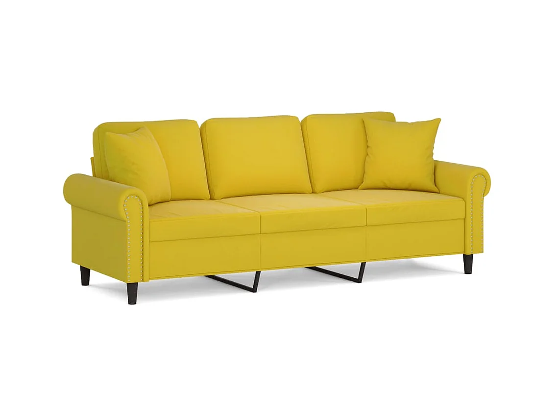 Canapé 3 places avec oreillers décoratifs jaune 180 cm velours
