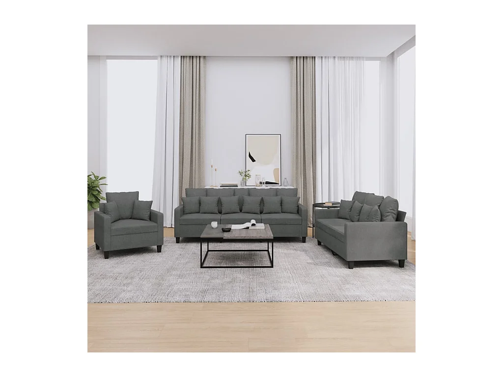 Ensemble de canapés 3 pièces coussins gris foncé tissu