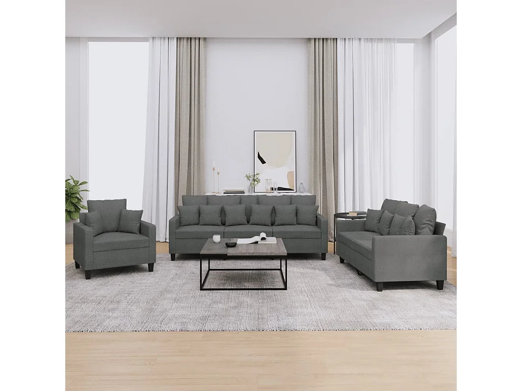 Ensemble de canapés 3 pièces coussins gris foncé tissu