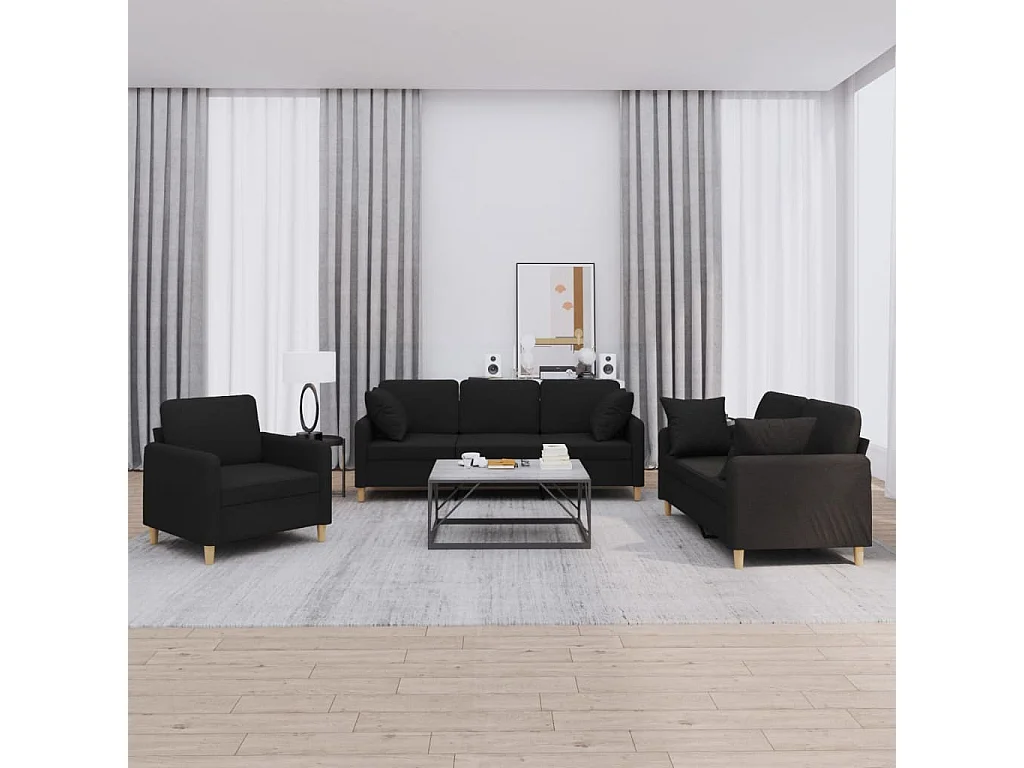 Ensemble de canapés 3 pièces avec coussins noir tissu