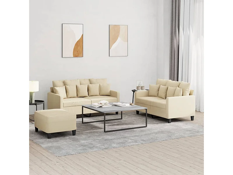 3 peças conjunto de sofás com almofadões tecido cor creme