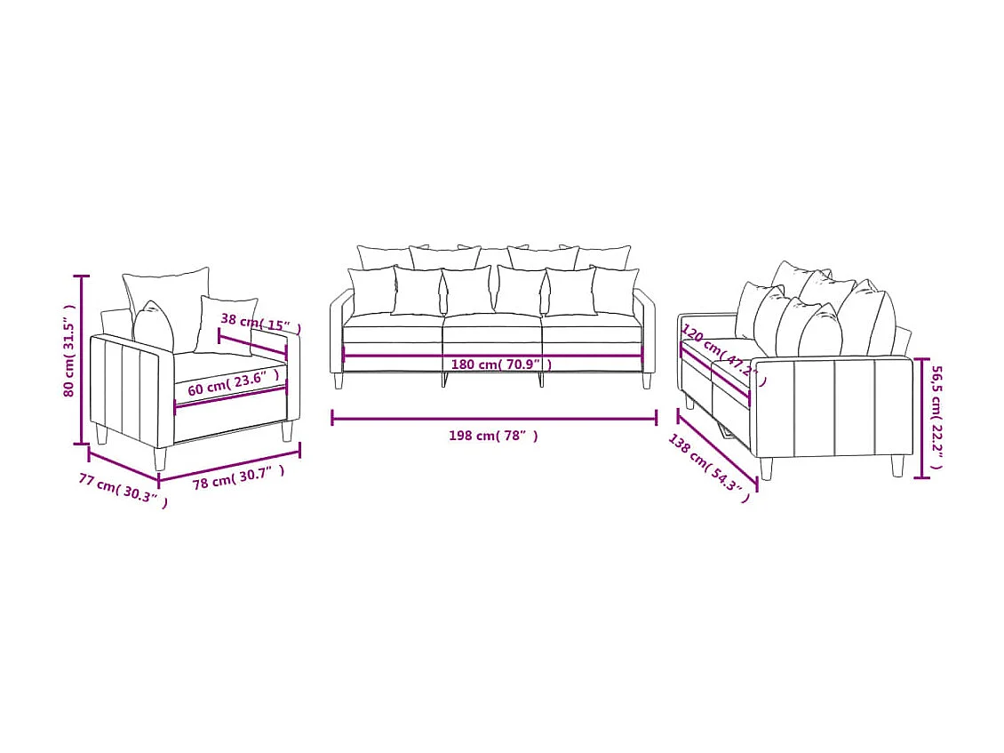 3-delige Loungeset met kussens fluweel wijnrood