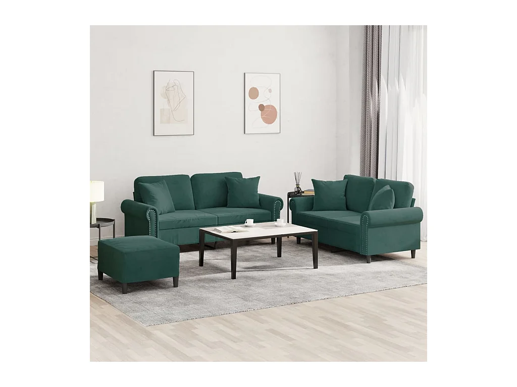 Ensemble de canapés 3 pièces avec coussins vert foncé velours