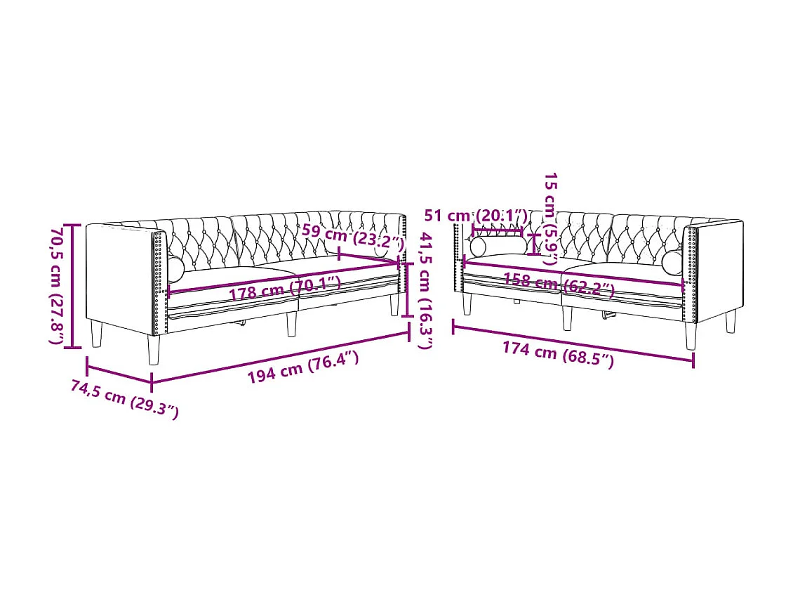 Ensemble de canapé Chesterfield et traversins 2 pièces velours