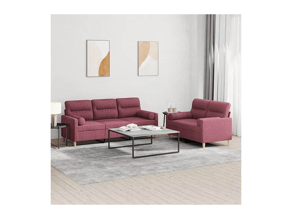 Ensemble de canapés 2 pièces avec coussins rouge bordeaux tissu