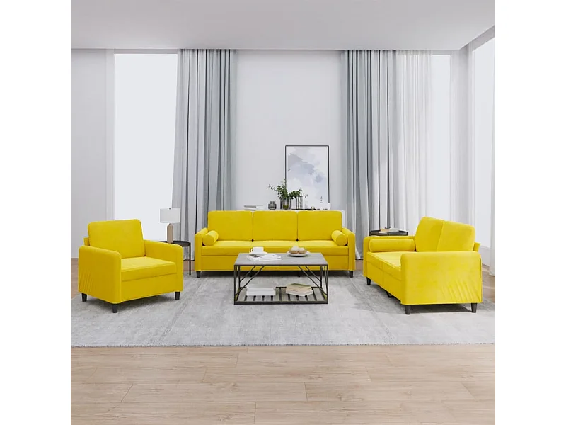Ensemble de canapés 3 pièces avec coussins jaune velours