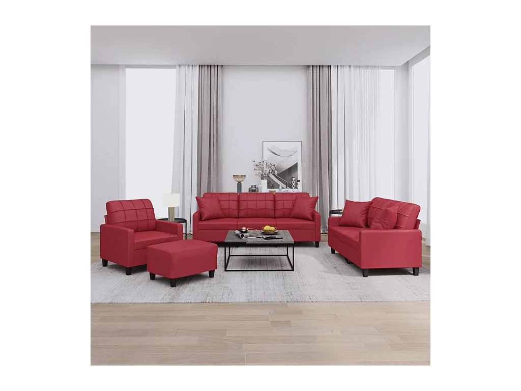 Ensemble de canapés 4 pièces et coussins rouge bordeaux similicuir