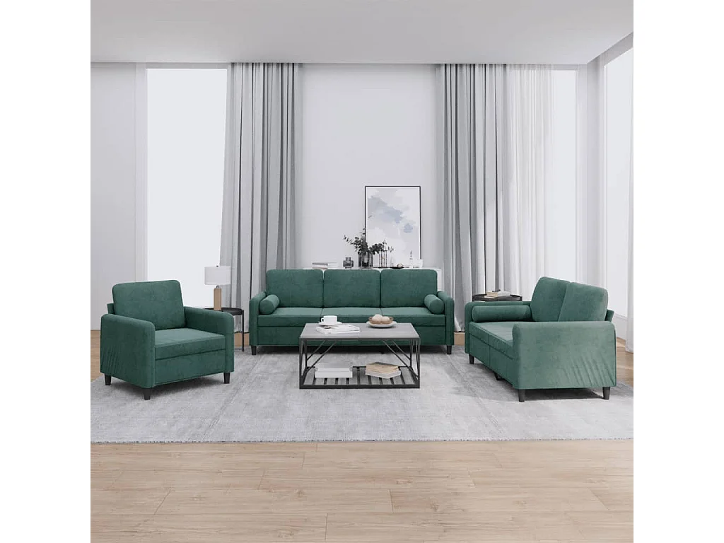 Ensemble de canapés 3 pièces avec coussins vert foncé velours