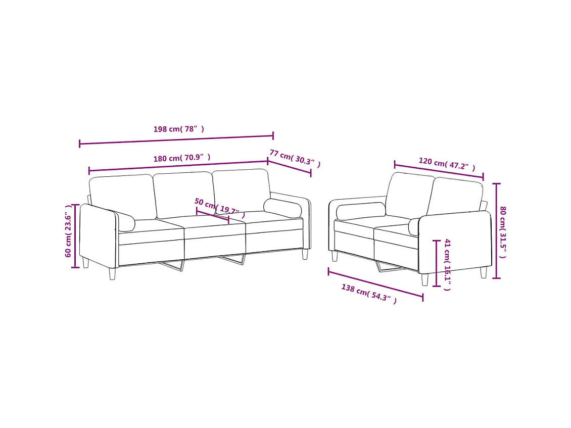 Ensemble de canapés 2 pièces avec coussins rouge bordeaux velours