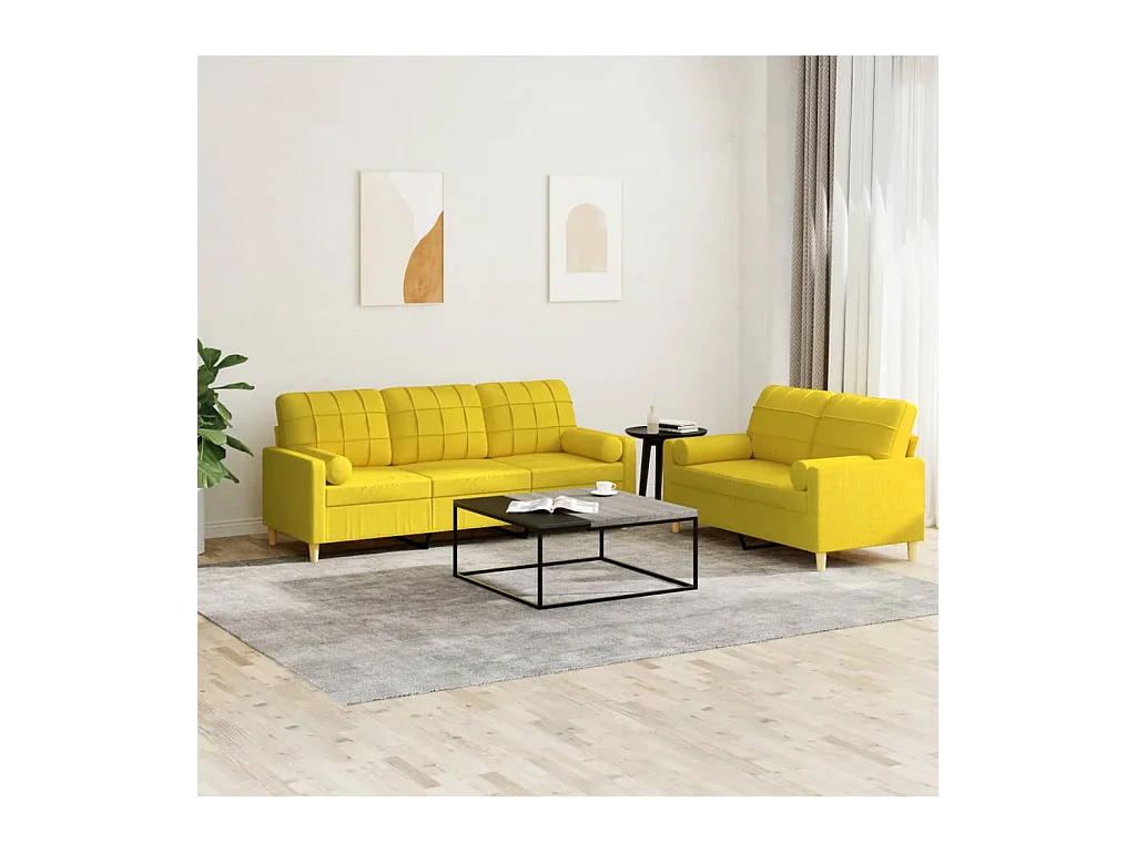 2 peças conjunto de sofás com almofadas tecido amarelo-claro
