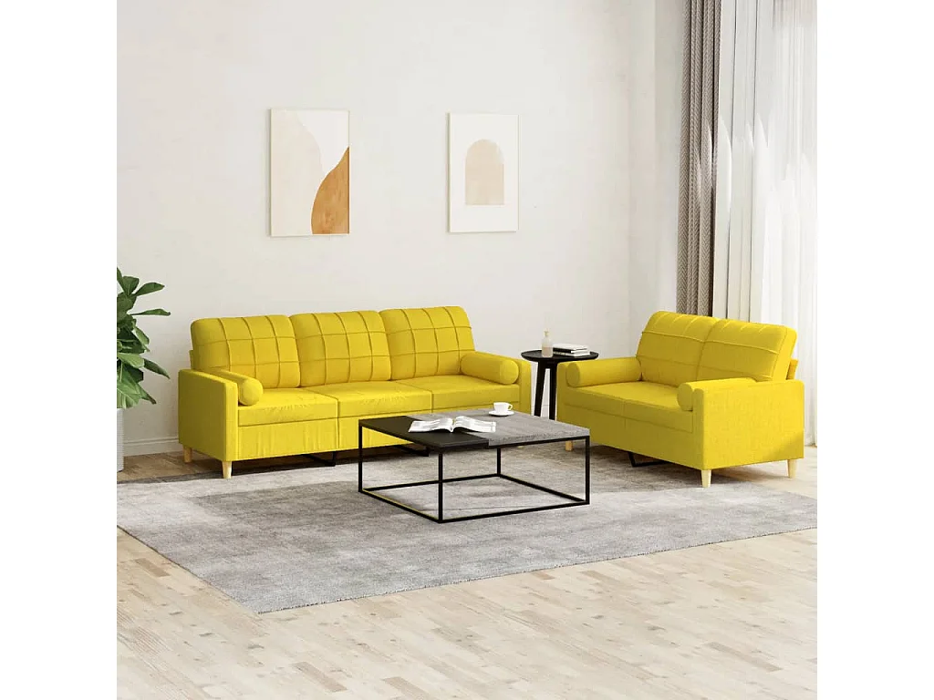 Ensemble de canapés 2 pièces avec coussins jaune clair tissu