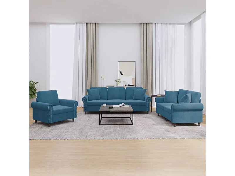 3 peças conjunto de sofás com almofadas veludo azul