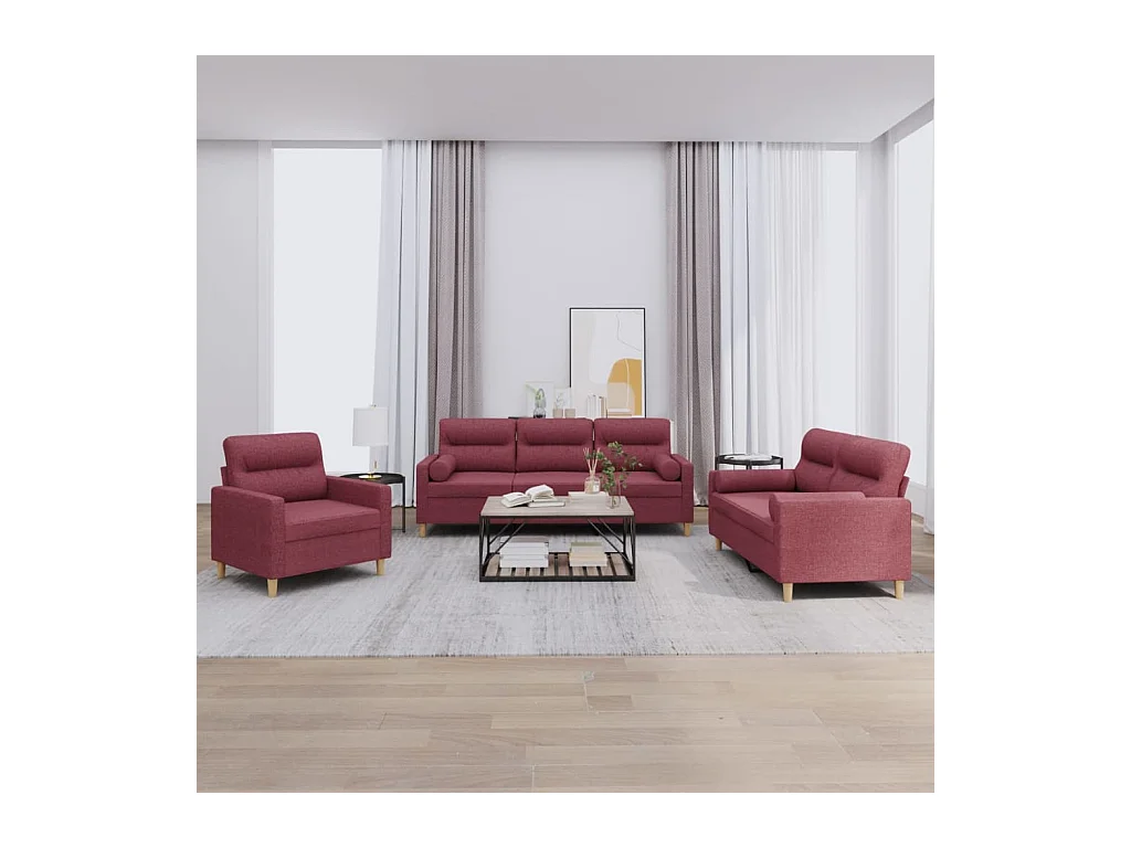 Ensemble de canapés 3 pièces avec coussins rouge bordeaux tissu