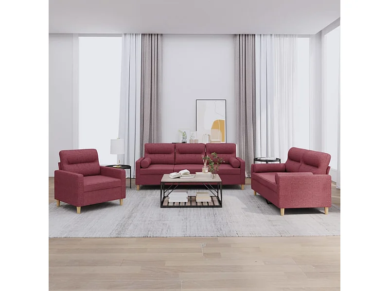 Ensemble de canapés 3 pièces avec coussins rouge bordeaux tissu