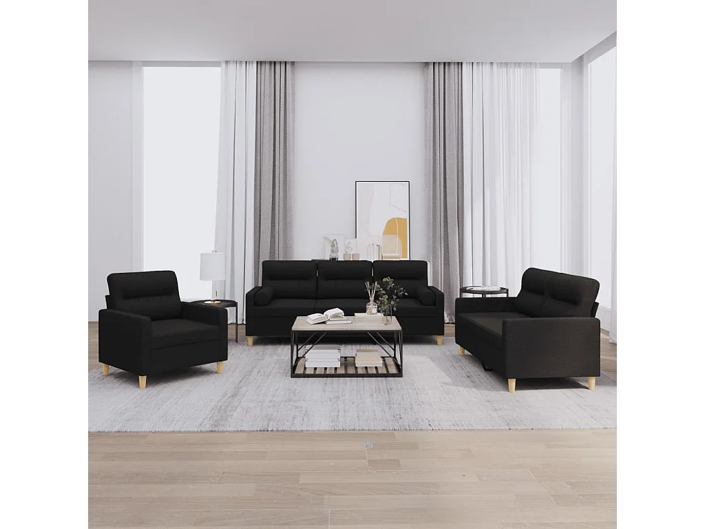 Ensemble de canapés 3 pièces avec coussins noir tissu