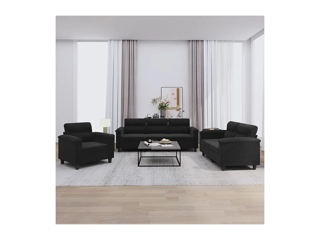 Ensemble de canapés 3 pièces avec coussins noir tissu microfibre