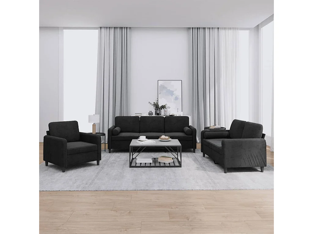 Ensemble de canapés 3 pièces avec coussins noir velours
