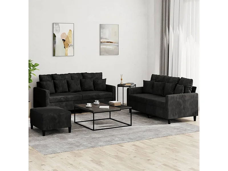 3 peças conjunto de sofás com almofadões veludo preto