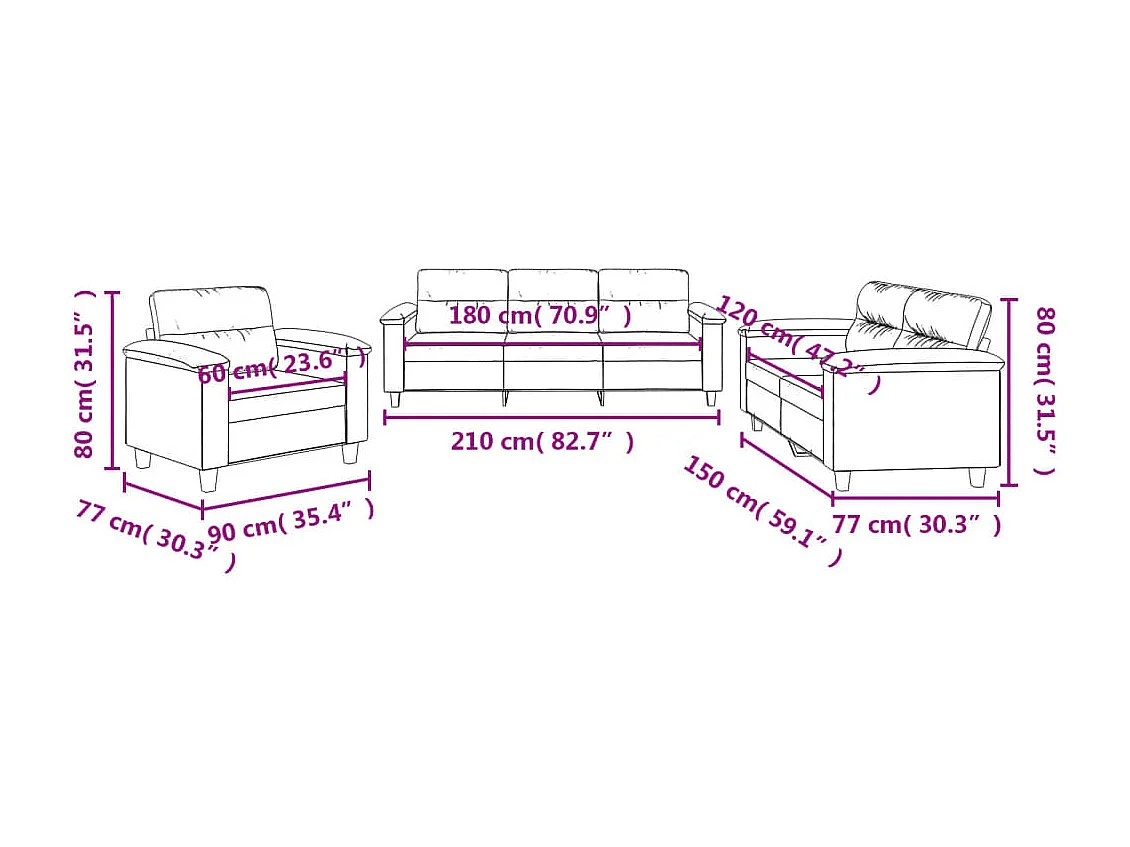 Ensemble de canapés 3 pièces coussins gris clair tissu microfibre