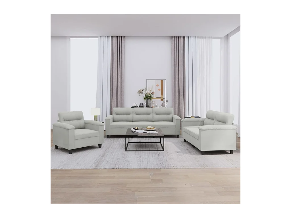 Ensemble de canapés 3 pièces coussins gris clair tissu microfibre