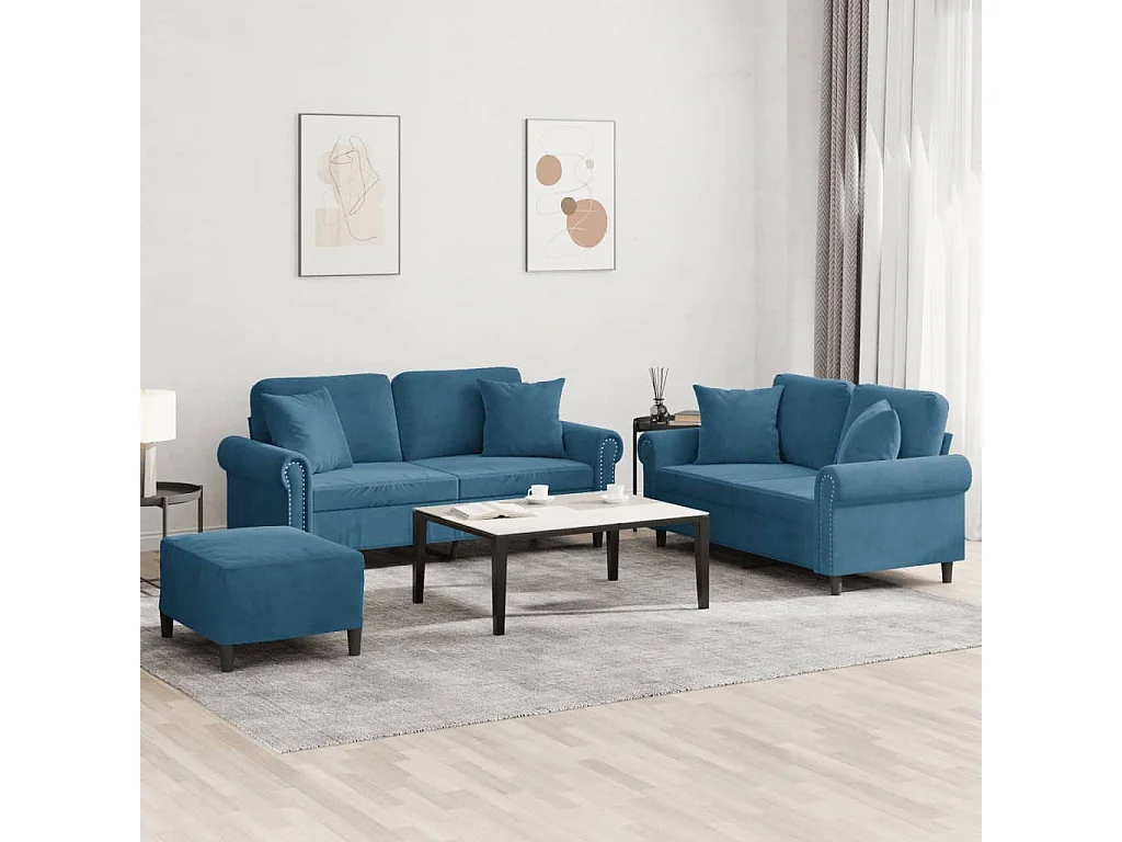 3 peças conjunto de sofás com almofadas veludo azul