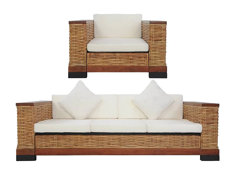 Ensemble de canapés 2 pièces avec coussins Marron Rotin naturel