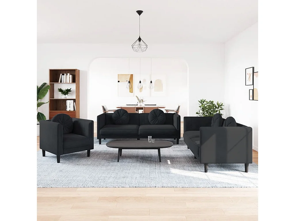 Ensemble de canapés 3 pièces avec coussins noir velours