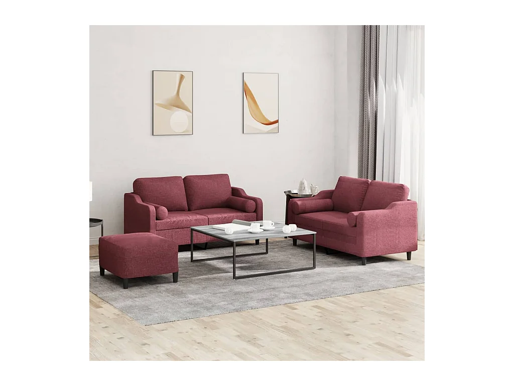 Ensemble de canapés 3 pièces avec coussins rouge bordeaux tissu
