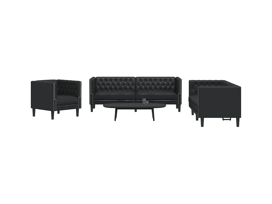 Ensemble de canapé Chesterfield 3 pièces noir similicuir