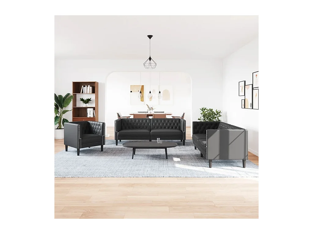 Ensemble de canapé Chesterfield 3 pièces noir similicuir