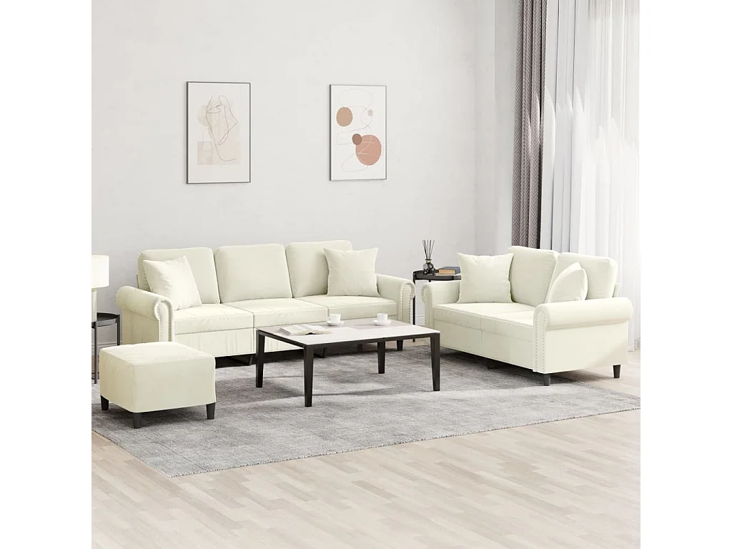 Juego de sofás con cojines 3 piezas terciopelo crema
