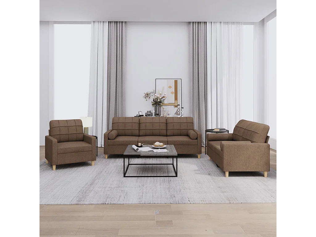 Ensemble de canapés 3 pièces avec coussins marron tissu