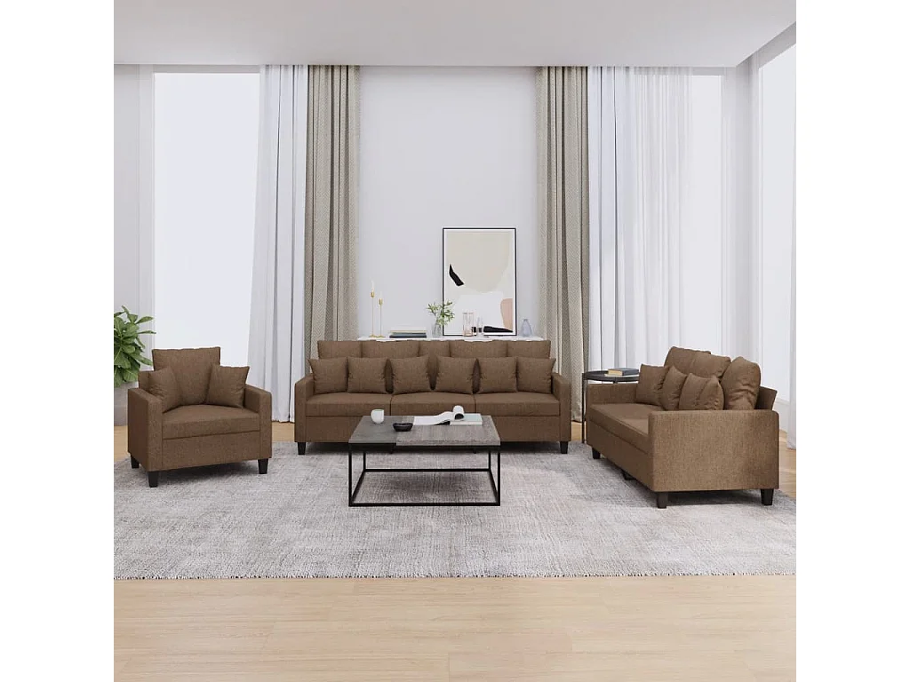 3 peças conjunto de sofás com almofadas tecido castanho