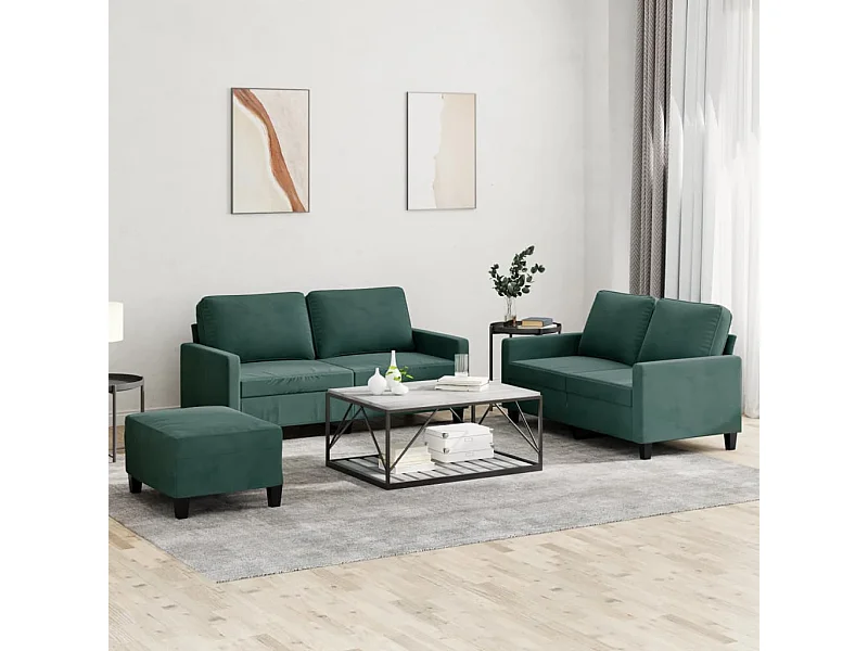 3 peças conjunto de sofás com almofadões veludo verde-escuro