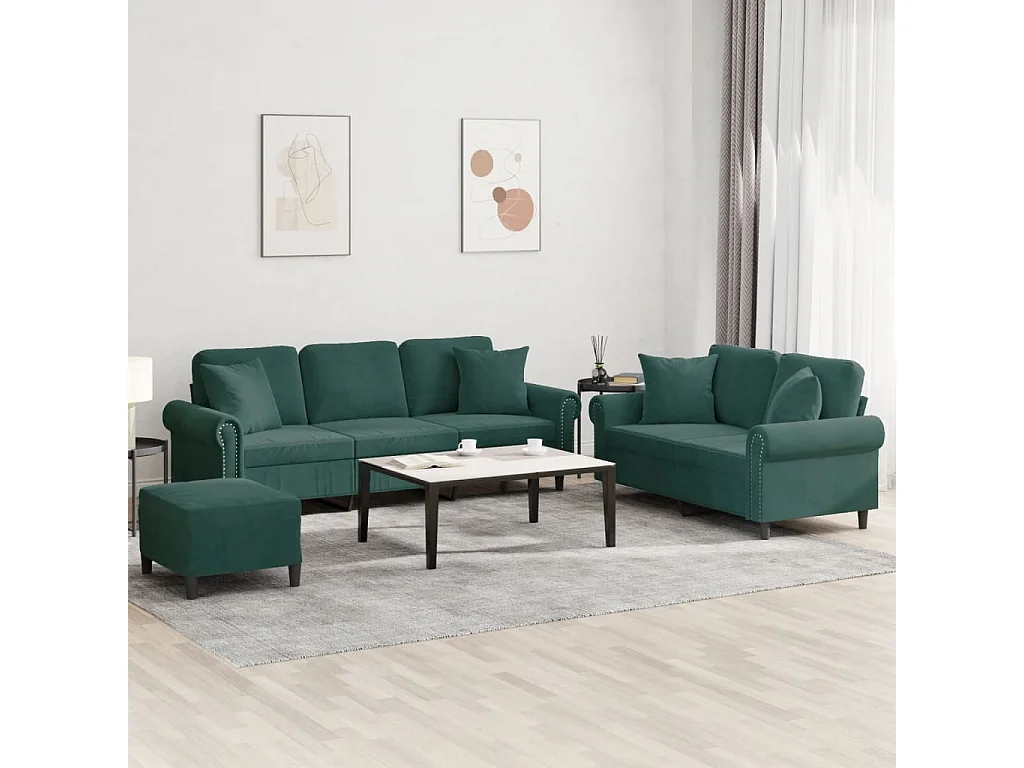 Ensemble de canapés 3 pièces avec coussins vert foncé velours