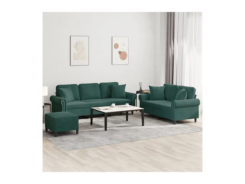 Ensemble de canapés 3 pièces avec coussins vert foncé velours