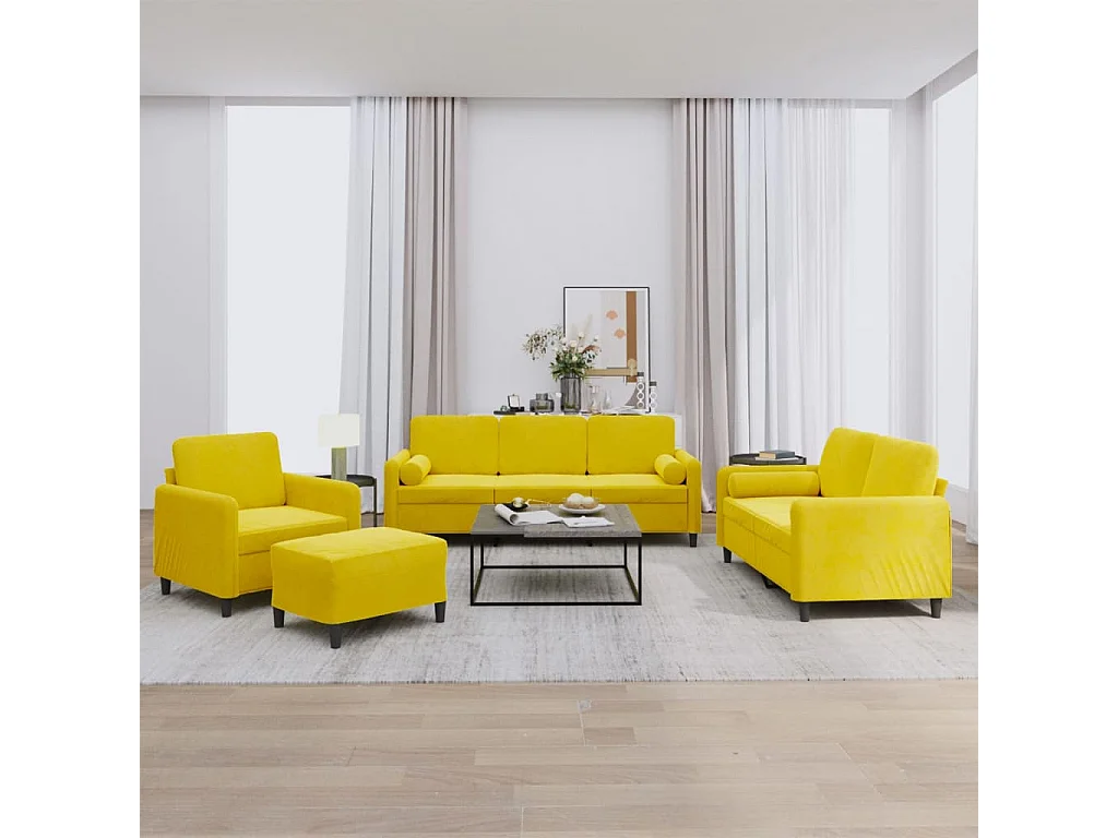 Ensemble de canapés 4 pièces avec coussins jaune velours