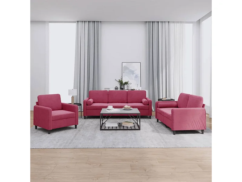 3 peças conjunto de sofás com almofadas veludo vermelho-tinto