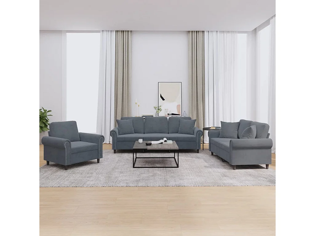 Ensemble de canapés 3 pièces avec coussins gris foncé velours