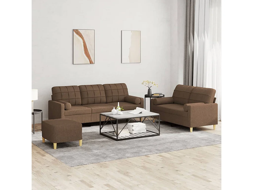 Ensemble de canapés 3 pièces avec coussins marron tissu