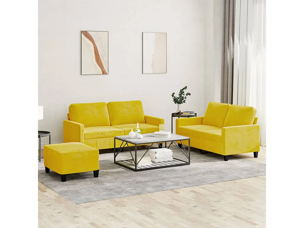 3 peças conjunto de sofás com almofadões veludo amarelo